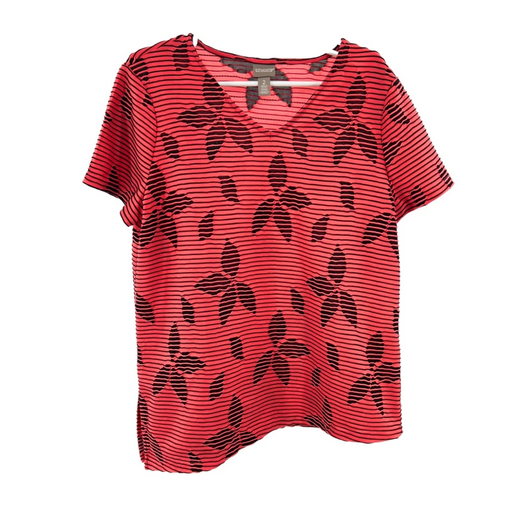 Chicos sz 2 L coral and black floral textured asymmetrical top mesh cut outs